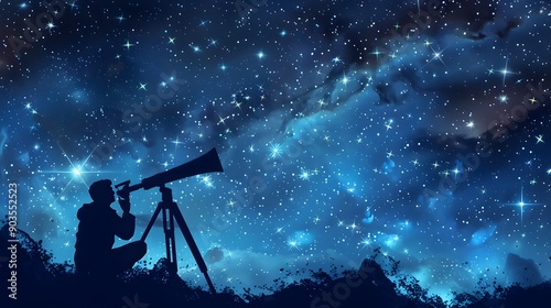 Astronomer Silhouetted Against Starry Night Sky Observing Through Telescope