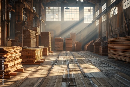 Wallpaper Mural Wooden planks stacked neatly inside a spacious warehouse under sunlit Torontodigital.ca