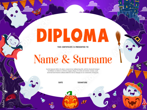 Kids diploma, Halloween cute kawaii ghost characters. Educational school or kindergarten certificate with cartoon spooks and haunted castle. Vector award frame or winner achievement trophy template