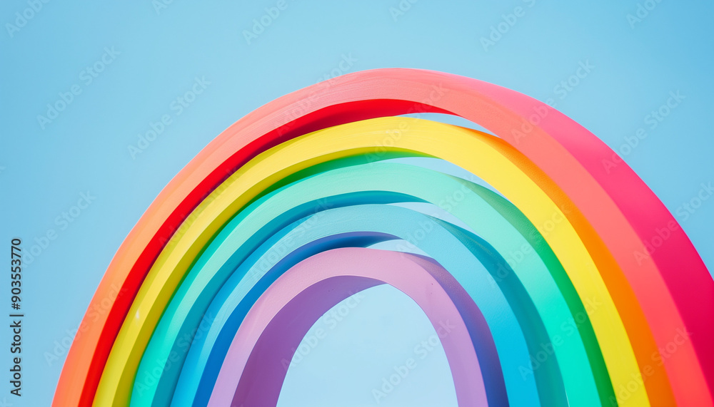 Fototapeta premium Colorful rainbow arch against a clear blue sky, showcasing vibrant hues of red, orange, yellow, green, blue, and purple in an artistic arrangement.