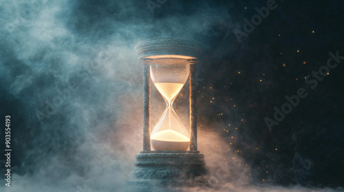 Enchanted Hourglass on Stone Pedestal with Glowing Sands and Mystic Mist - Concept of Time, Magic and Wonder