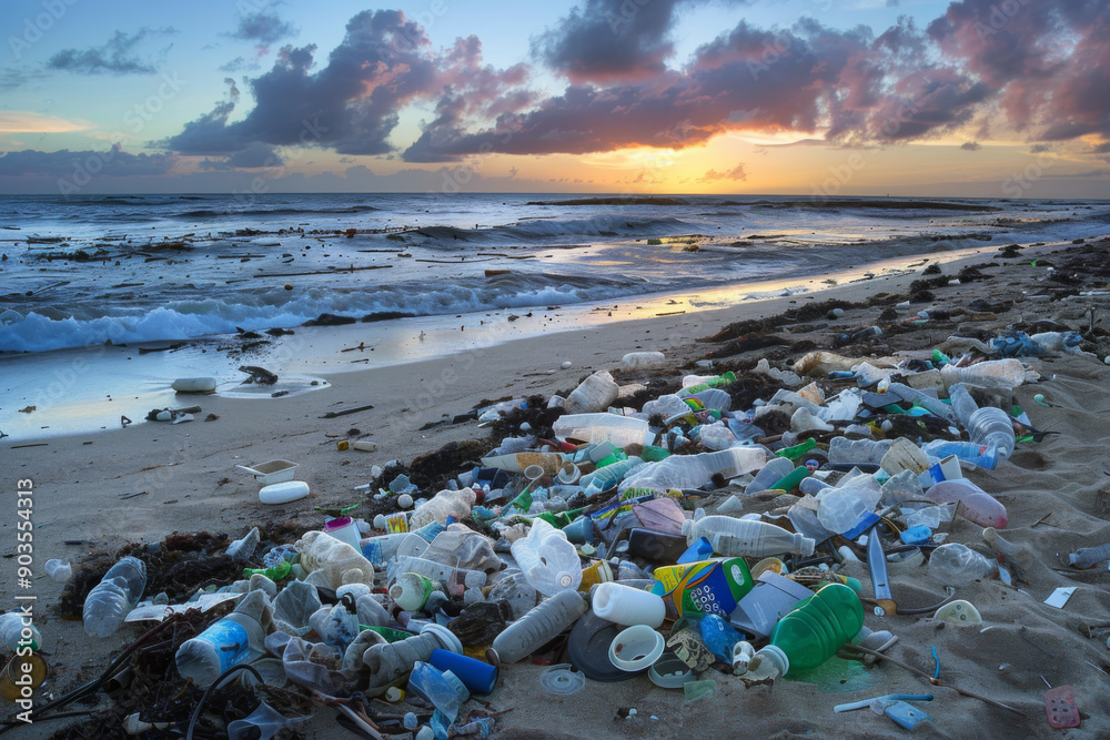 Plastic Pollution Littering a Sandy Beach at Sunset Plastic Pollution Littering a Sandy Beach at Sunset