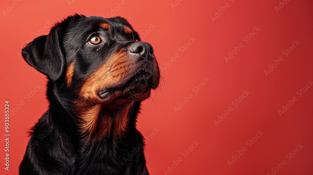 Fototapeta premium Rottweiler Dog Looking Upwards Against a Red Background