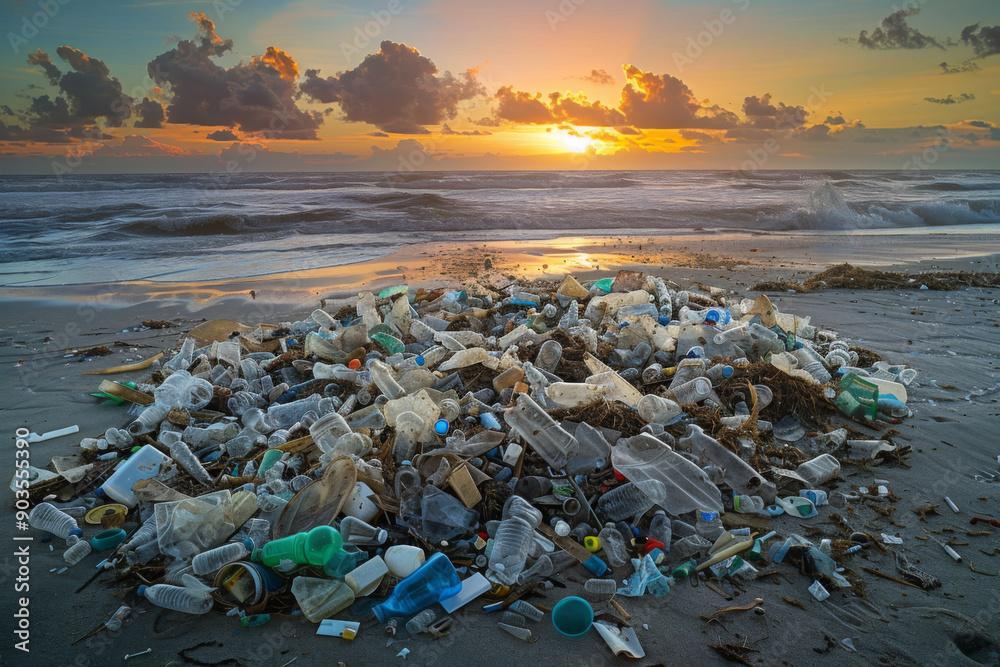 Plastic Pollution Pile on a Beach at Sunset