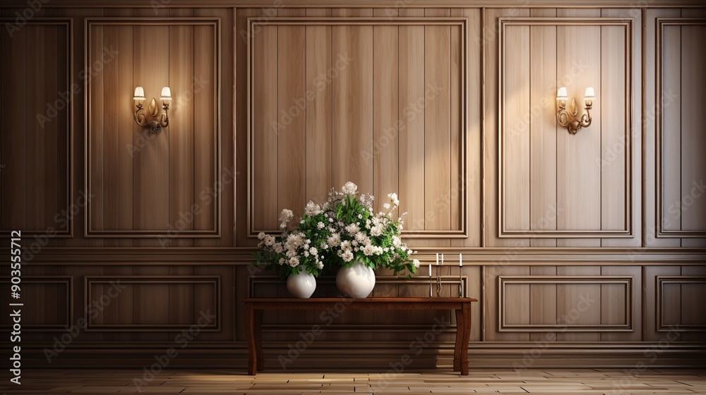 Fototapeta premium Elegant Interior Design with Wooden Paneling and Floral Arrangement