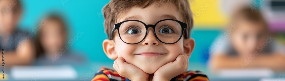 A cheerful boy with glasses smiles at the camera, showcasing enthusiasm and curiosity in a bright classroom setting. A cheerful boy with glasses smiles at the camera, showcasing enthusiasm and curiosity in a bright classroom setting.