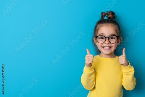 A cheerful girl in glasses gives a thumbs up against a bright blue background, embodying happiness and positivity.
