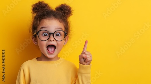 A cheerful child with glasses wearing a yellow sweater, expressing excitement and creativity against a bright yellow background.