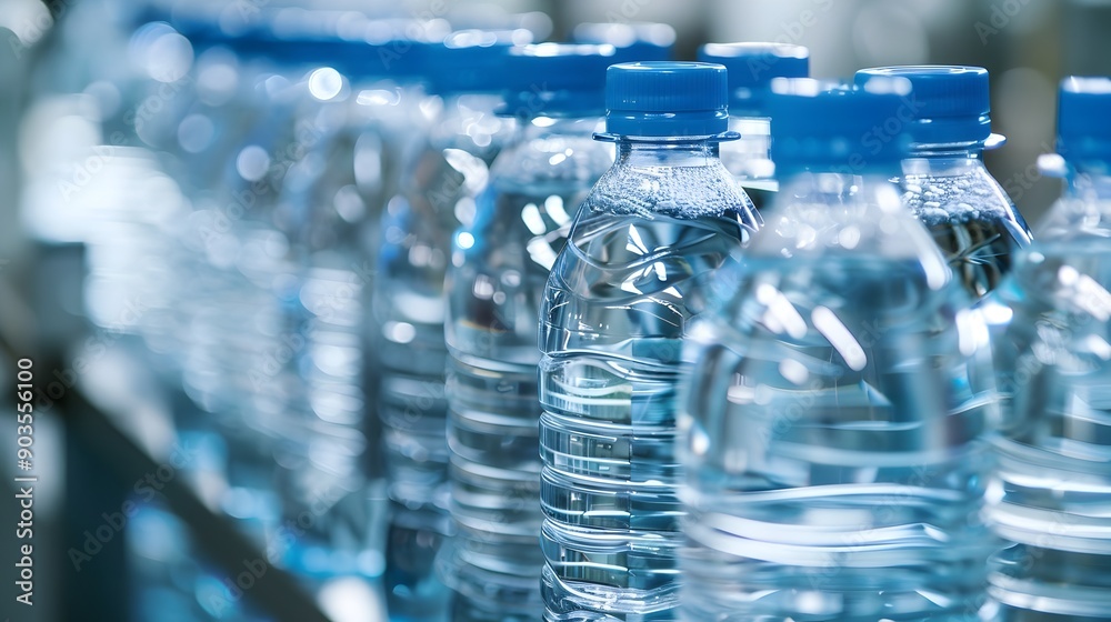 Close up of Bottles Being Filled with Water on a Production Line Close up of Bottles Being Filled with Water on a Production Line