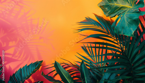 Vibrant tropical leaves against a vivid orange and pink background create a lively and exotic mood. © Steven