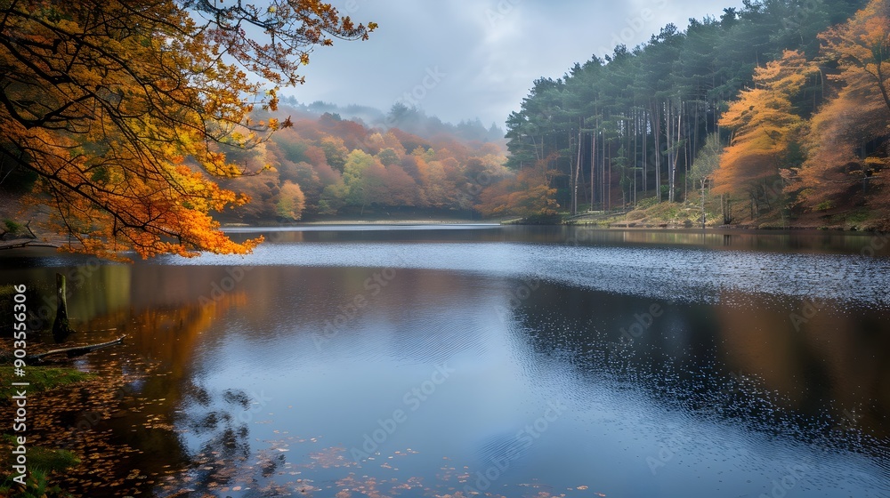 Colorful Autumn Reservoir   Serene Landscape with Vibrant Foliage Reflection