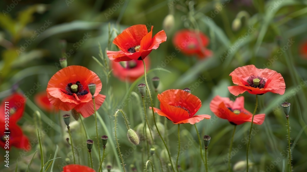 Bright red poppies among green grass in the summer Bright red poppies among green grass in the summer