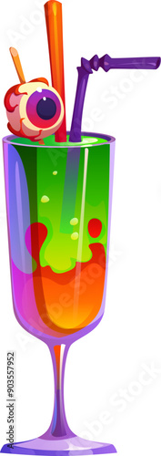 Cartoon Halloween cocktail. Vibrant vector drink with layered colors of green and orange, served in tall glass, gory eyeball garnish and multiple straws. Spooky and fun beverage for horror night event