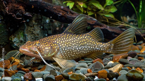 Brocade catfish Glyptoperichthys gibbiceps resting at the aquarium bottom photo