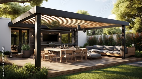 Modern Backyard Patio with Pergola and Dining Area