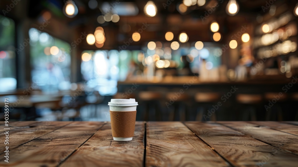 Brown wooden table with blurred coffee shop background for photography or product showcase Brown wooden table with blurred coffee shop background for photography or product showcase