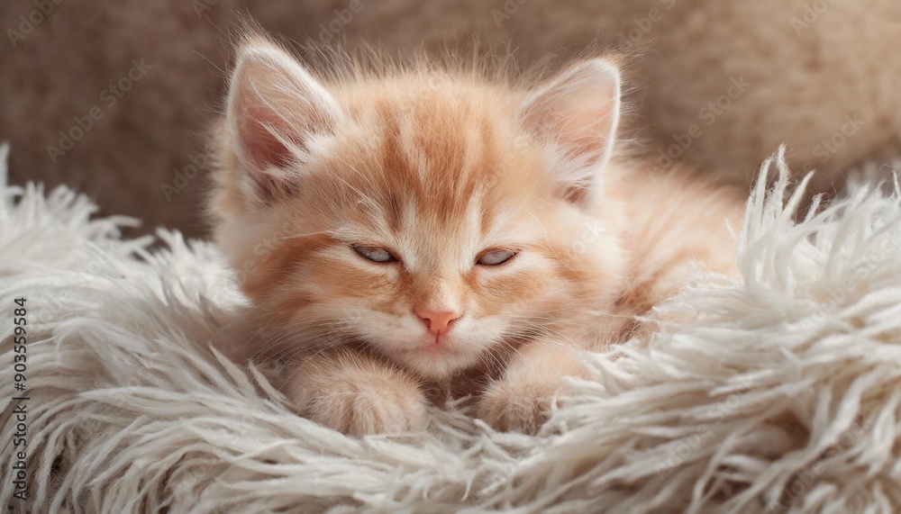 Cute little red kitten sleeps on fur white blanket Cute little red kitten sleeps on fur white blanket