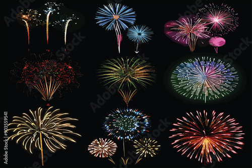  set of Fireworks in different style, type and colors. Each firework is individually grouped. Change color to the firework is easy, simply select the firework and change the gradient's color. 