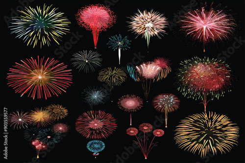  set of Fireworks in different style, type and colors. Each firework is individually grouped. Change color to the firework is easy, simply select the firework and change the gradient's color. 