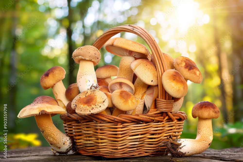 Basket of Wild Mushrooms in a Forest Setting Basket of Wild Mushrooms in a Forest Setting