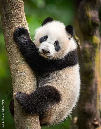 Cute panda bear climbing tree in forest