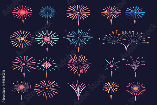 set of Fireworks in different style, type and colors. Each firework is individually grouped. Change color to the firework is easy, simply select the firework and change the gradient's color. 