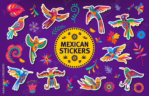 Colorful Mexican hummingbirds stickers pack. Vibrant birds, flowers and patterns in traditional alebrije style with rich colors and whimsical motifs celebrate the vibrant folk art traditions of Mexico