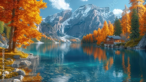 Cozy villa farmhouse by a crystal clear lake, enveloped by autumn fall foliage and mountain peak background