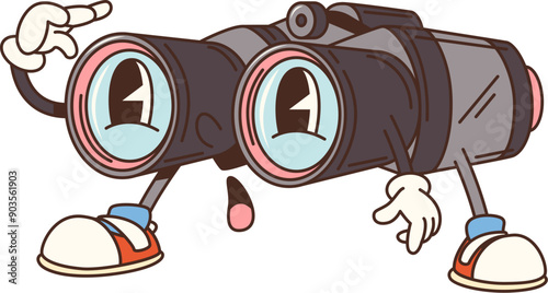 Cartoon groovy travel binoculars character, retro camp and tourism personage. Isolated vector anthropomorphic optical equipment with a surprised curious face, looking far and searching for adventures