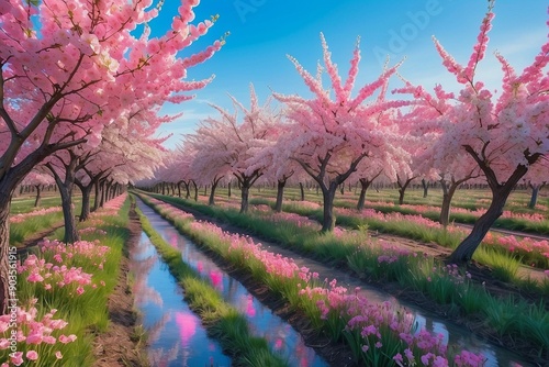 A Cherry Orchard With Blooming 