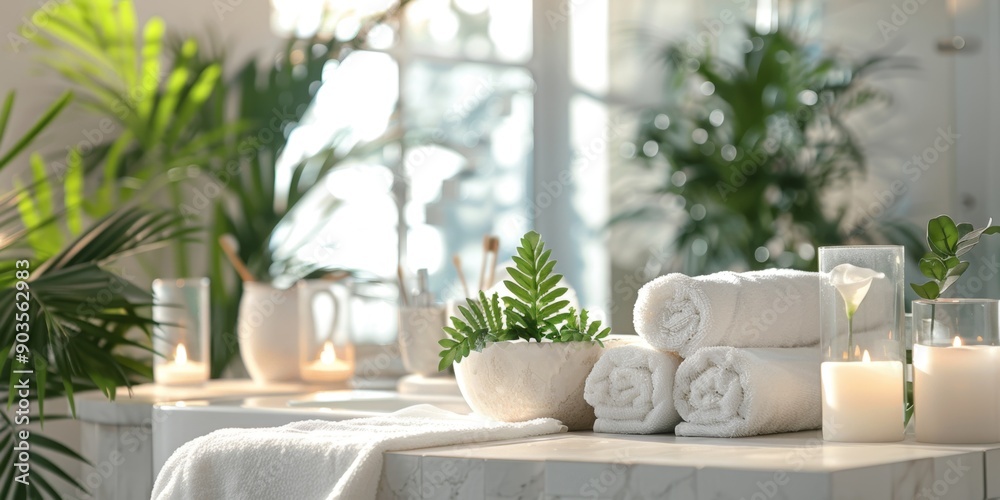 Obraz premium Luxurious Spa Retreat at Summer Resort Villa: Serene Wellness Oasis with White Towels, Aromatic Candles, and Lush Plants. Bright, Clean Ambiance Perfect for Relaxation and Rejuvenation during Vacation