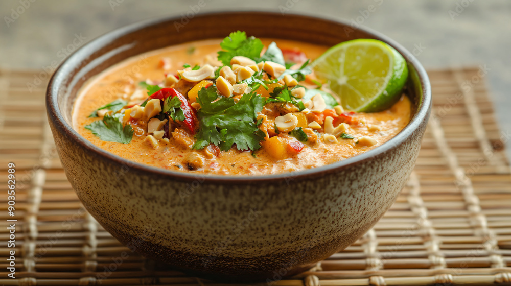 Authentic Thai Curry with Colorful Vegetables Served in Ceramic Bowl on Bamboo Mat Authentic Thai Curry with Colorful Vegetables Served in Ceramic Bowl on Bamboo Mat