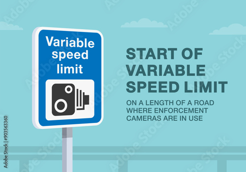 Safe driving tips and traffic regulation rules. Close-up of a british "variable speed limit" road sign. Length of road where enforcement cameras are in use. Flat vector illustration template.