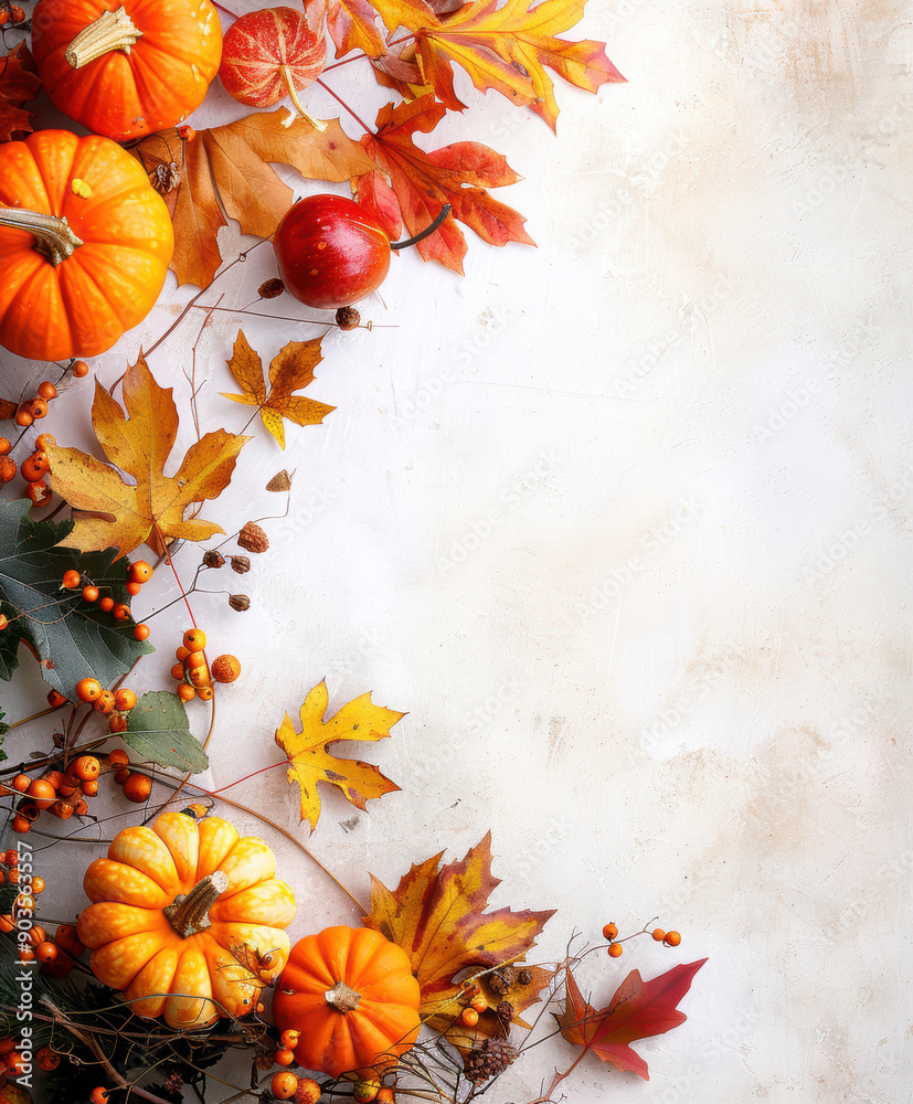 little autumn decoration border only reaching in a litte, with pumpkins and maple leaves only on the border of a big wide white background. AI generative. little autumn decoration border only reaching in a litte, with pumpkins and maple leaves only on the border of a big wide white background. AI generative.