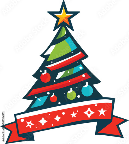 Christmas tree with ribbon and ornaments. vector.