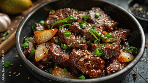 Close-up of Beef Stir-fry with Sesame Seeds and Green Onions in a Bowl