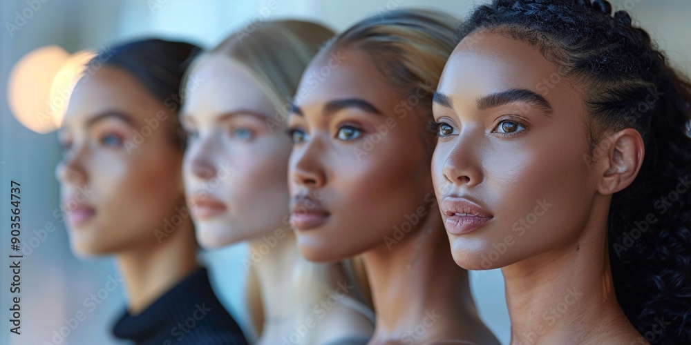 Close-up portrait of four women with different skin tones. Close-up portrait of four women with different skin tones.