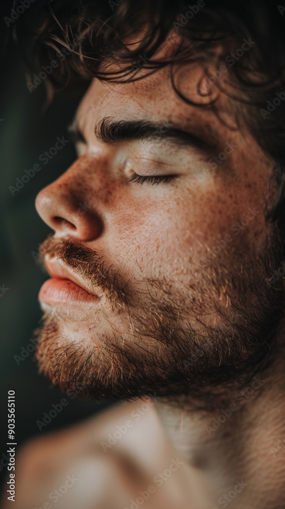 Obraz premium Serene Man in Meditation: Close-up Portrait of Peaceful Contemplation. Cultural and Spiritual Practices for Relaxation and Mindfulness. Ideal for Wellness Marketing, Meditation Apps, and High-Resoluti