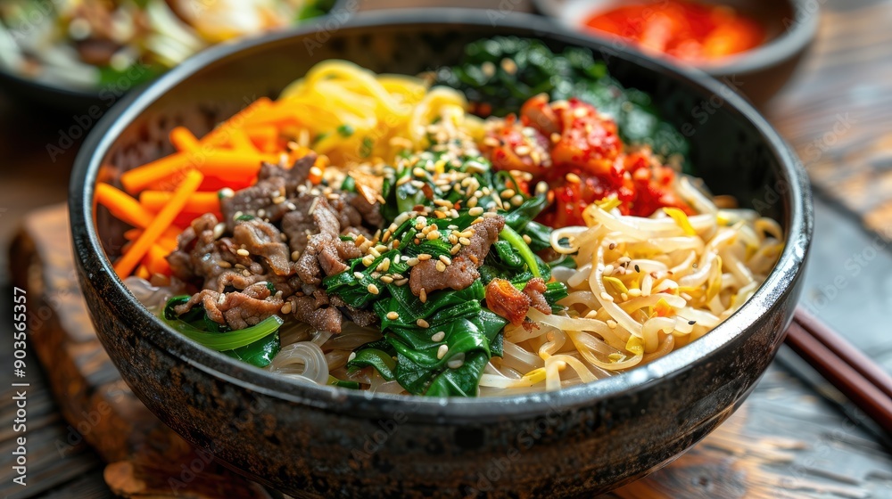 Close-up of a Bowl of Bibimbap with Beef, Vegetables, and Sesame Seeds Close-up of a Bowl of Bibimbap with Beef, Vegetables, and Sesame Seeds