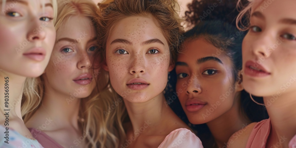 Fototapeta premium Portrait of five women with varied ethnicities in profile.