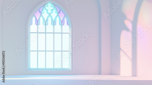 Fototapeta Naklejka Na Ścianę i Meble -  Gothic stained glass window soft pastel lighting elegant minimal church interior blank copy space banner spiritual reflection