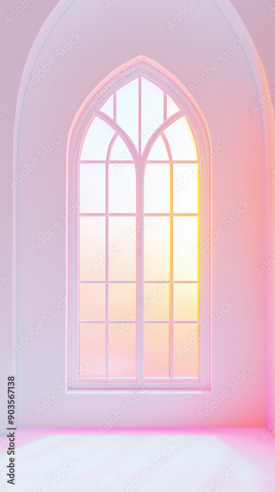 Gothic arch church window pink orange light stained glass glow sunrise peaceful sanctuary spiritual space worship reflection Gothic arch church window pink orange light stained glass glow sunrise peaceful sanctuary spiritual space worship reflection