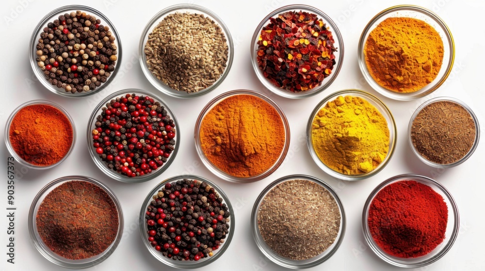 A close-up view of a variety of cooking spices arranged in small glass bowls on a pristine white background. Each bowl contains a different spice, showcasing vibrant colors and textures, from bright A close-up view of a variety of cooking spices arranged in small glass bowls on a pristine white background. Each bowl contains a different spice, showcasing vibrant colors and textures, from bright