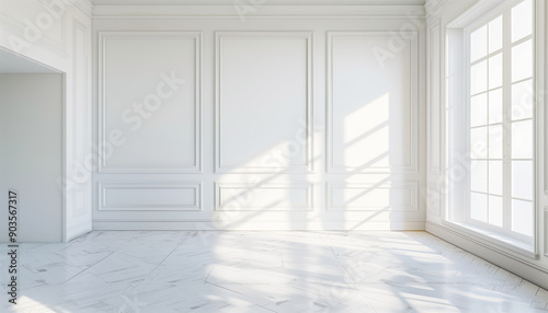 Bright, empty room with large windows letting in natural light, featuring white paneled walls and a light hardwood floor.