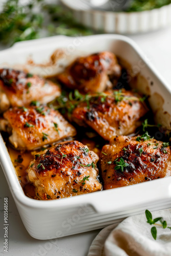 Baked Chicken Thighs in baking dish. Ai generative.