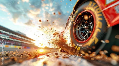 A close-up shot of a NASCAR race car is tires gripping the asphalt on a racing track, with the focus on the high tread pattern and the track is surface texture. The image captures the intense