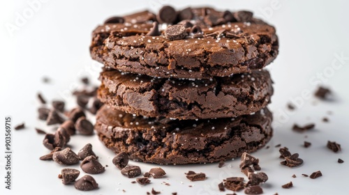 Close up image of a chocolate biscuit dessert on a white backdrop