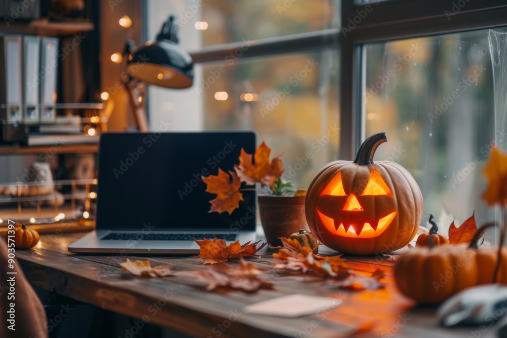 photo of modern office space decorated for Halloween photo of modern office space decorated for Halloween
