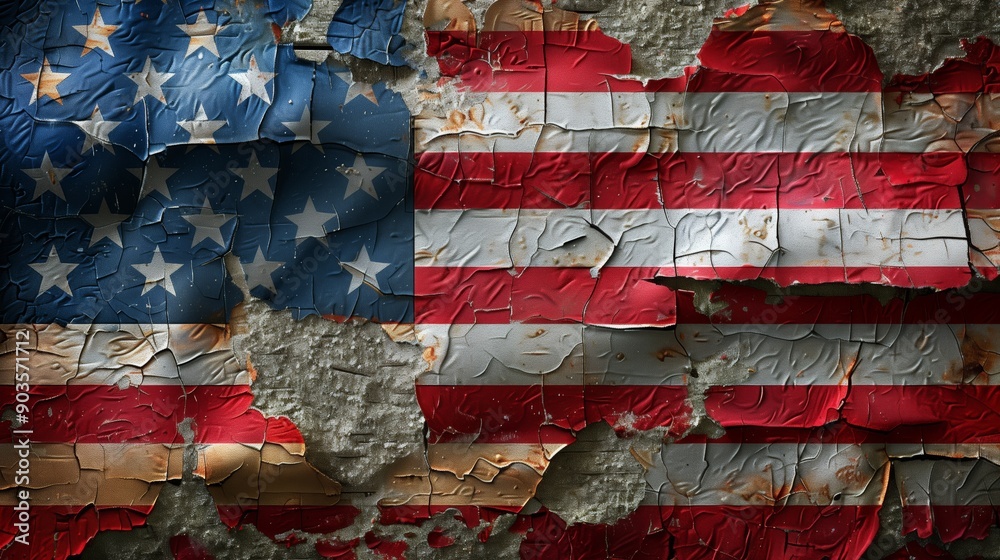 A striking image of the American flag painted on a textured, cracked wall. The flag’s iconic stars and stripes are depicted with a worn, peeling effect, symbolizing resilience and history. A striking image of the American flag painted on a textured, cracked wall. The flag’s iconic stars and stripes are depicted with a worn, peeling effect, symbolizing resilience and history.