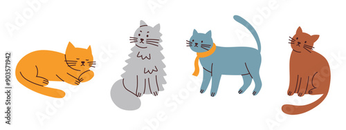 Set of cats of different colors and breeds, sitting and lying animals vector illustration. Diverse cartoon pets for pet shops, veterinarians. Cute flat design, Maine Coon, Siberian, Ragdoll kittens